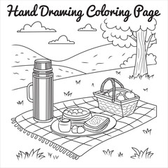 A hand-drawn illustration of a picnic setup, with a basket, food, and a thermos on a blanket in a beautiful park.