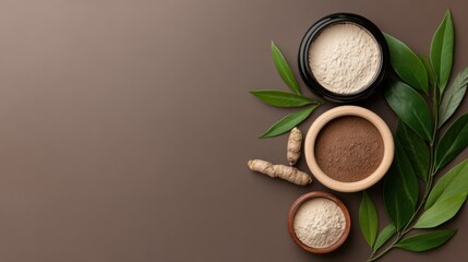 ayurvedic wellness display, gentle wellness interface styled with ayurvedic root powders, leaves, and flowers on clay background for earthy flat lay