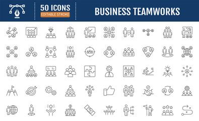 Business teamwork line editable icons set. Containing collaboration, research, meeting, community, teamwork and more. Vector Illustration