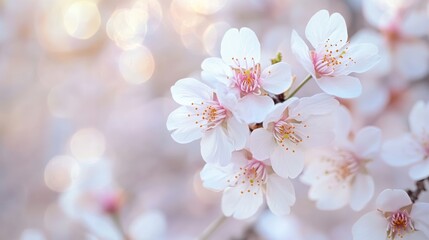 Delicate cherry blossoms in soft sunlight; spring background; nature; peaceful