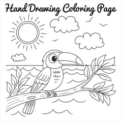 A tropical scene with a colorful parrot perched on a branch overlooking the ocean, under a bright sun with fluffy clouds.