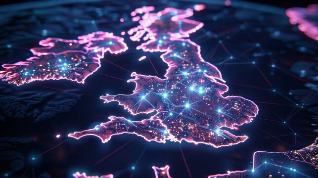Futuristic great britain map  digital network with neon lines illustrating modern connectivity