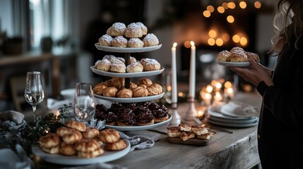 A tiered platter with delicious profiteroles on the banquet table, filled to the brim with desserts.