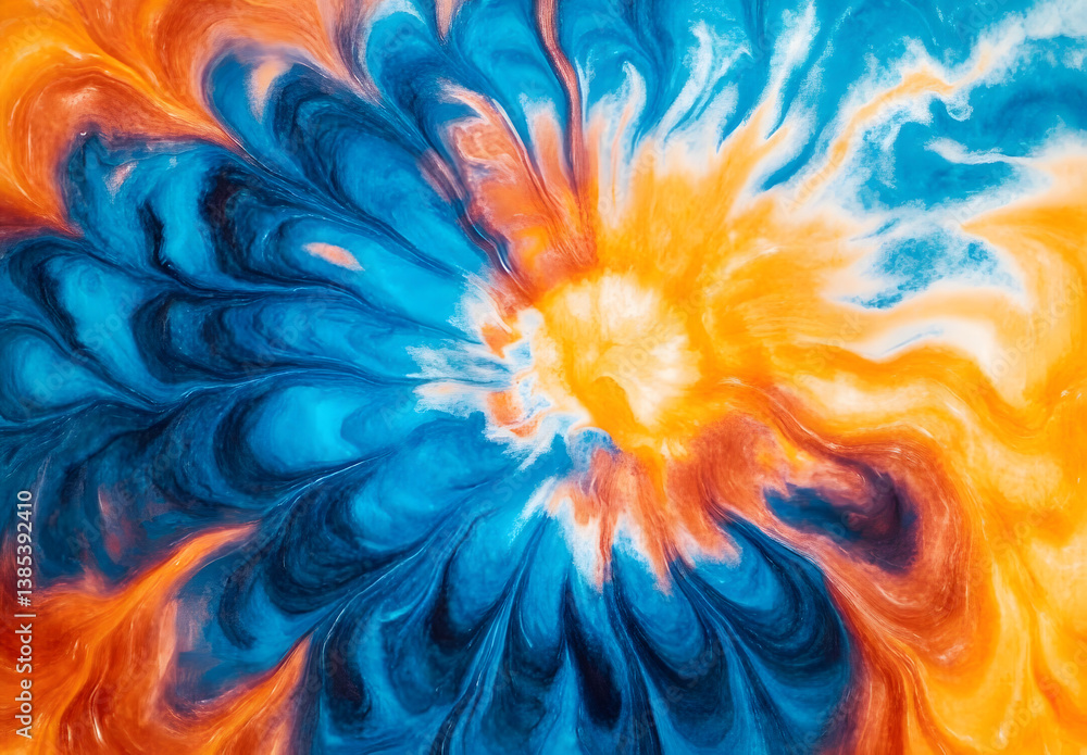 Poster bright and colorful tiedye pattern with swirls of orange and blue creating an artistic visual effect