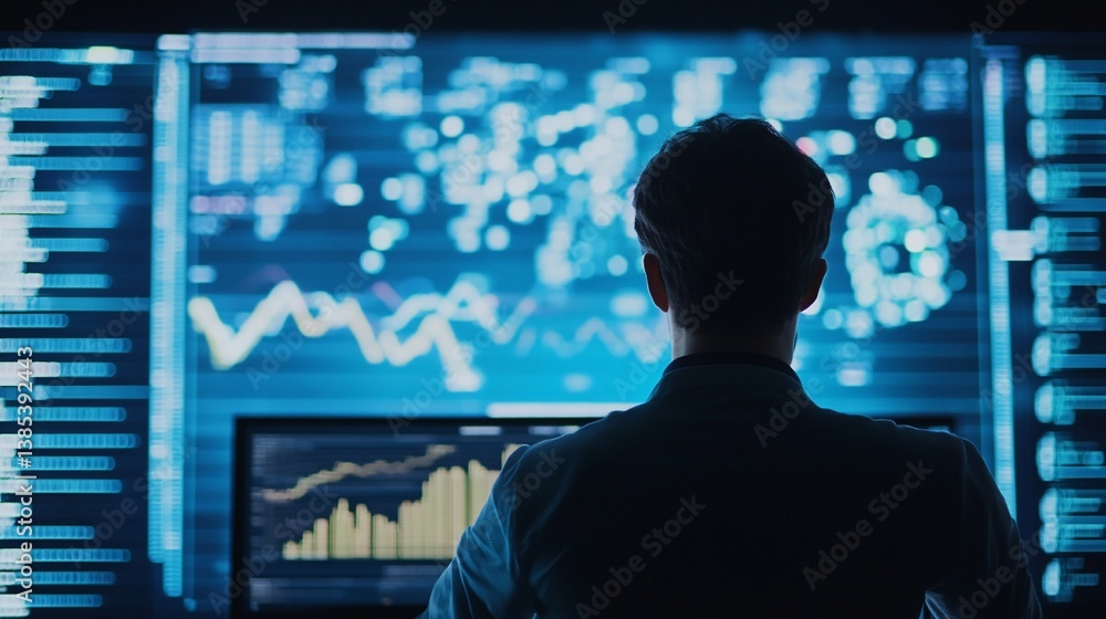 Poster analyzing financial data: trader examining stock market trends on screen