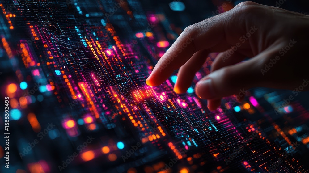 Poster hand interacting with digital data streams; futuristic technology background; concept for innovation