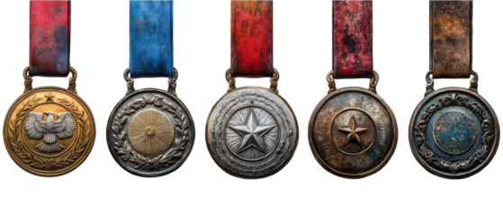 A collection of five distinct medals showcasing various designs and colors, symbolizing achievements
