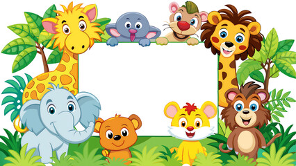 Naklejka premium Vibrant jungle themed illustration of happy animals.