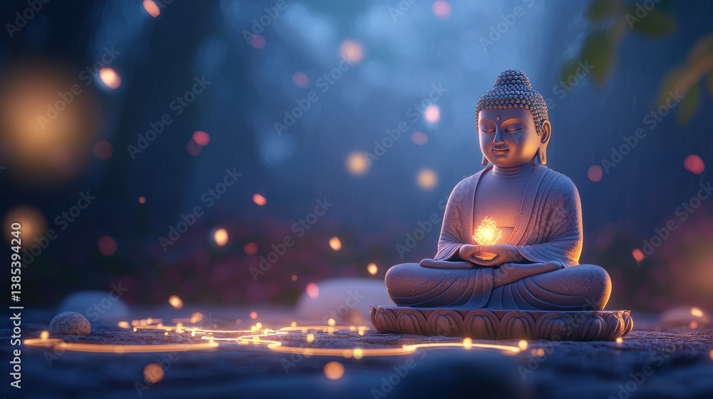 Aufkleber serene buddha statue illuminated by soft lights surrounded by glowing orbs in a tranquil forest sett