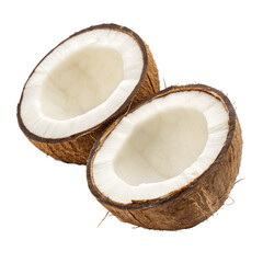 Freshly cut coconut halves isolated on transparent background