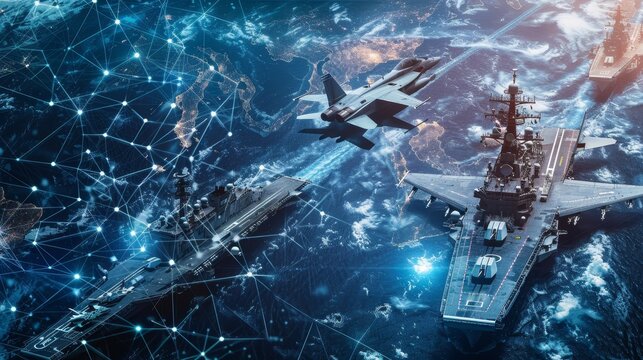 Futuristic military assets  fighter jets, naval ships, and satellites in a high tech ocean scene