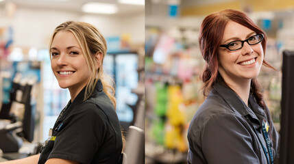 Workplace snapshot, retail team meeting, store environment with welcoming expressions of customer service, product knowledge and sales expertise. Approachable