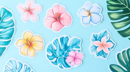 Tropical floral and leaf stickers vibrant pastels blue background colorful design summer theme exotic decoration
