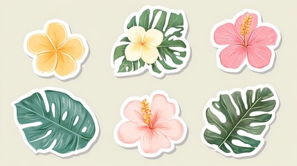 Tropical floral stickers with vibrant hibiscus and monstera leaves on light background, ideal for vibrant decor.