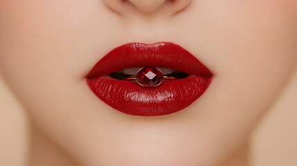 Obraz premium A close-up of a woman's lips adorned with vibrant red lipstick, featuring a decorative element placed between them for a striking visual effect.