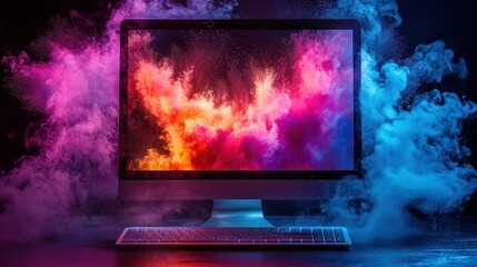 Computer screen exploding with colorful dust in a dark room.  Possible use Background for tech articles, gaming or digital art