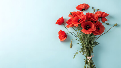 Obraz premium Minimal bouquet of red poppies on blue pastel background with soft shadow, ideal for Canada Day floral visuals, remembrance mockups and seasonal packaging templates 