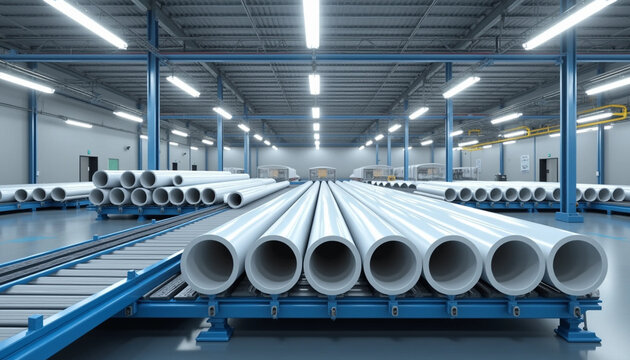 Large Industrial Plant Manufacturing HDPE Pipes for Water and Gas Supply, Automated Conveyor Belts, Stacked Pipelines, Heavy Machinery, Mechanical Lighting, Factory Production, Industria