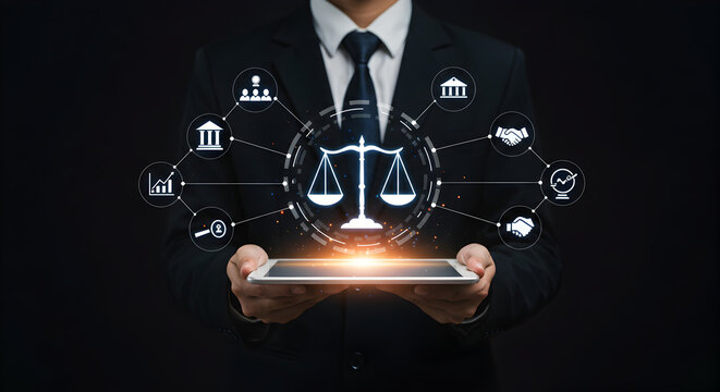 A man in a suit holding a tablet with scales of justice and icons floating around it on a black background - Powered by Adobe