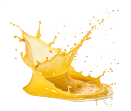 Yellow splash of juice or paint isolated on transparent background