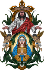 Fototapeta premium Holy Mother Mary Holding Jesus Religious Art with Cross