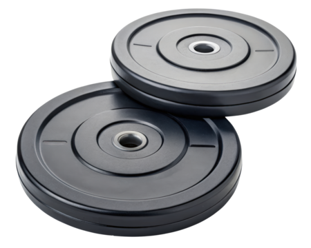 Set of weight plates for strength training exercises on a transparent background