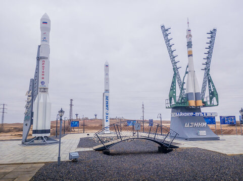 Proton, Zenit, and Soyuz rocket replicas on display at Baikonur cosmodrome, a Russian city leased from Kazakhstan, known as a spaceport and major Russian launching pad.
