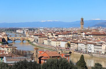 Perfectly in focus panoramic view of the city of Florence in Central Italy with famous monuments...