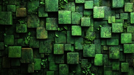 Mystic Green Stone Blocks: A Lush 3D Render of Interlocking Cubes Covered in Moss and Vegetation