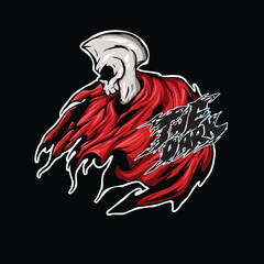 skull with a burning red cloak illustrator ,skull with red cloack mascot , dark concept