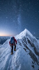 Climber approaching the summit under a star-filled sky