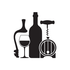  Wine Bottle and Glass with Grapes Illustration in Black and White, Ideal for Wine Themed Designs