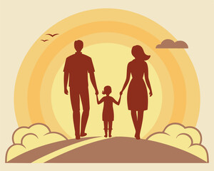 Fototapeta premium Family Walking Towards a Bright Future: Silhouette at Sunset.