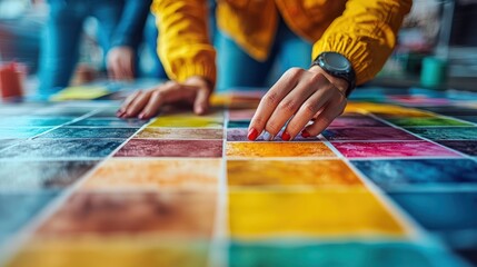 Obraz premium Designers reviewing color swatches on floor, collaborative workspace, creative process