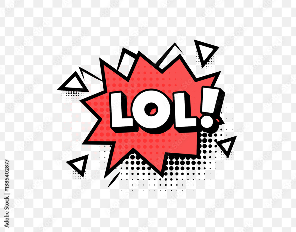 Poster comic style lol text in red explosion bubble with halftone dots and bold font, ideal for funny react