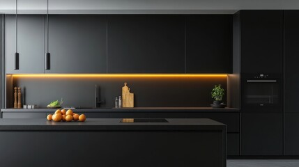 Modern dark kitchen island with orange fruit, interior design, rendering