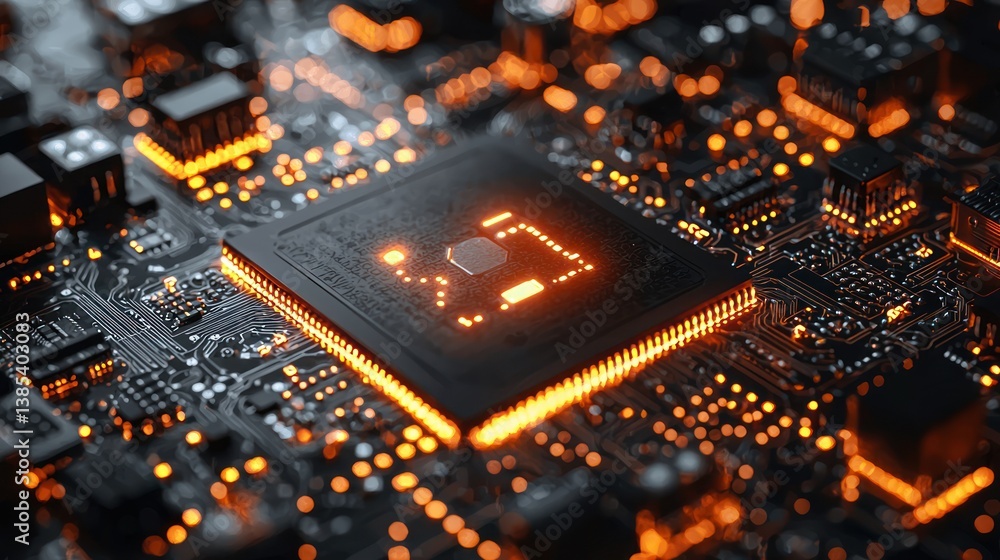 Poster illuminated cpu on circuit board, technology background, computing power, data processing, website b
