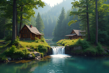 Rustic log cabins peaceful beside small waterfall in lush green forest