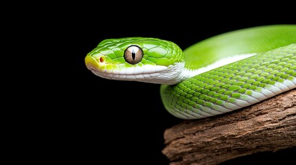 Fototapeta premium Close-up of a vibrant green snake resting on a branch