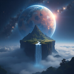Fantastical floating island serene beneath vibrant planet in starry night sky