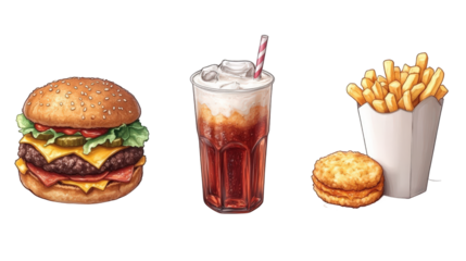 A delicious fast food meal featuring a burger, fries, and a soda in a bright, inviting setting