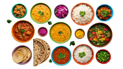 A vibrant spread of Indian dishes, a colorful feast of aromatic curries, fluffy rice, and flavorful sides, perfectly presented in colorful bowls against a stark white background.