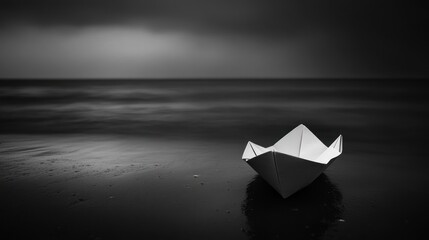 Lonely paper boat on a stormy beach