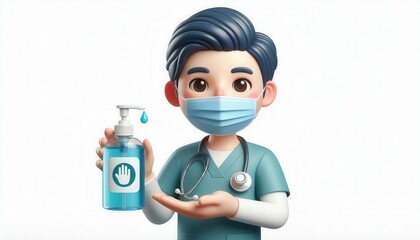 Digital illustration of healthcare worker demonstrating hand sanitizer in medical office