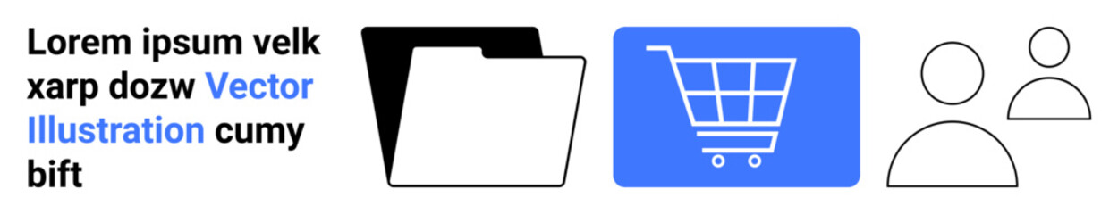 File folder, shopping cart, and user profiles in minimalist style suggest data management, e-commerce, and user interaction. Ideal for business, shopping, tech, profile management analytics