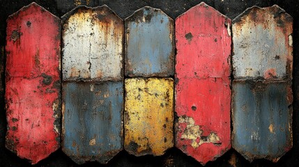 Rustic Colorful Metal Plates: A Vintage Industrial Composition