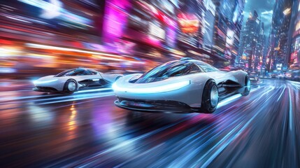 Futuristic Cars Racing Through Neon City at Night