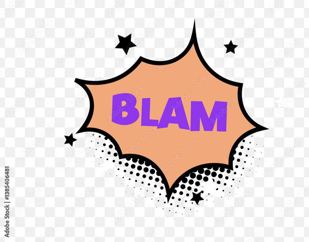 Poster comic style blam text in orange burst with halftone dots and purple font, great for action sounds, p