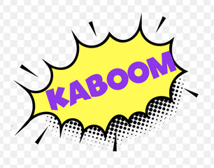 Comic Style Kaboom Text in Yellow Burst with Purple Font and Halftone Dots, Perfect for Explosive Action Designs, Pop Art Comics, or Fun Sound Effects. Bold and Dynamic. Vector Illustration