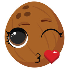 Coconut character with wink and heart, perfect for health food branding, tropical fruit promotions, or kids food packaging